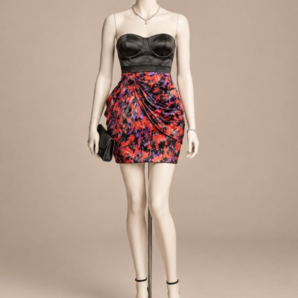 2B Bebe Black Red Purple Floral Strapless Bustier Mini Dress Size Small